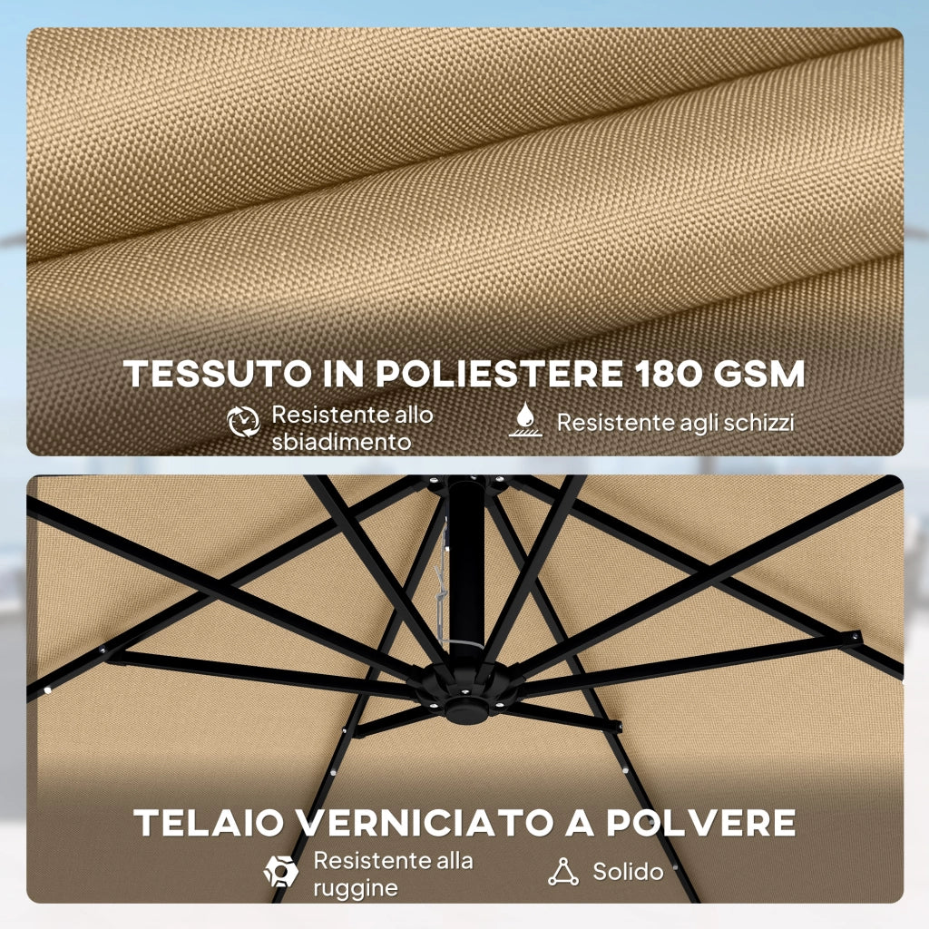 Ombrellone da Giardino Decentrato 330x295x245 cm con LED Solari in Metallo e Poliestere Cachi