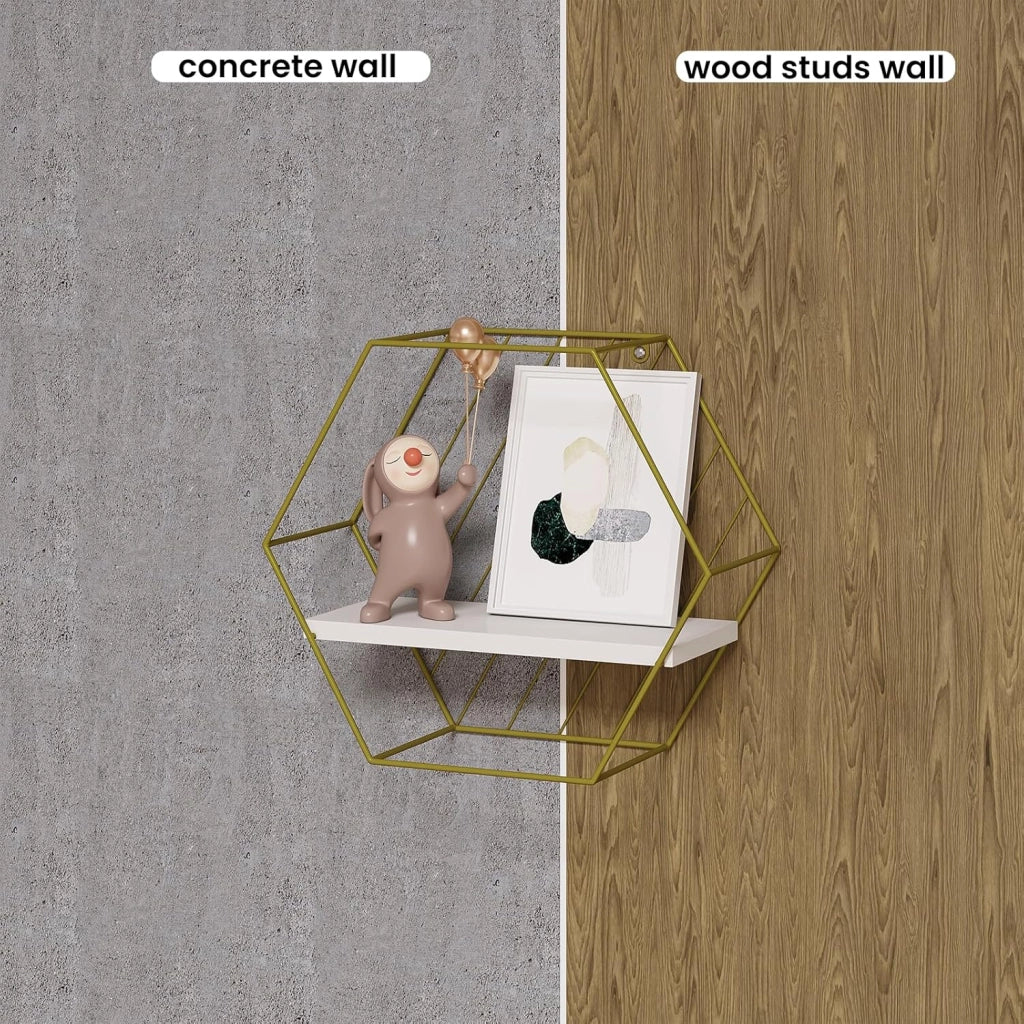 Set di 6 Mensole da Muro, Mensole Sospese per Cameretta, Cucina, Bagno, Decorazione da Parete per Soggiorno, Pannello Bianco+Telaio Dorato, MDF+Metallo