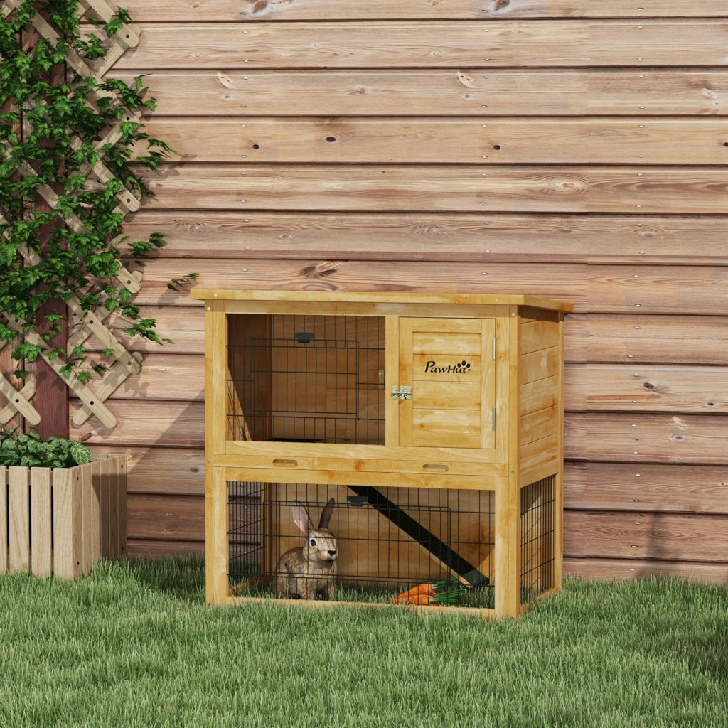 Gabbia conigli legno 2 piani 3 porte vassoio estraibile rampa tetto bitumato 85x50x80 cm giallo