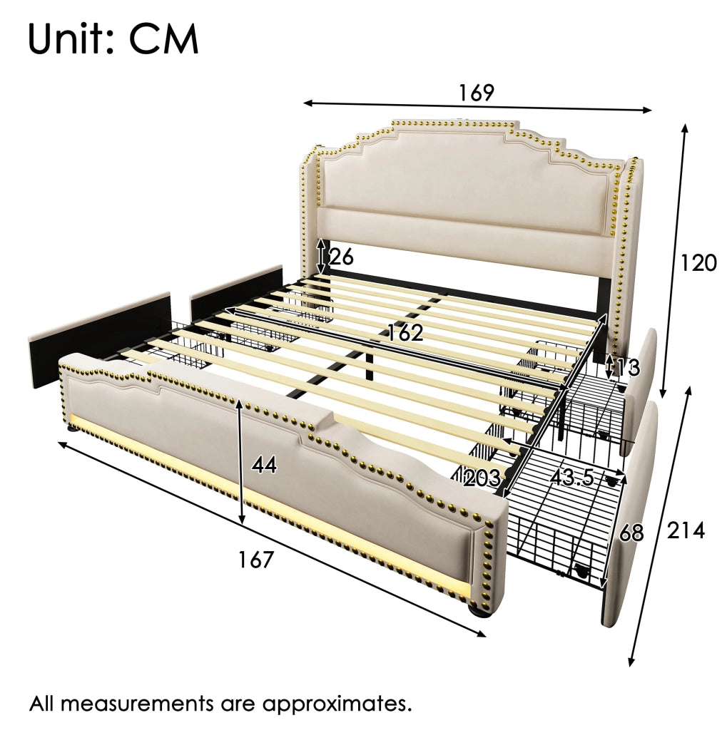 Letto matrimoniale 160x200 cm in velluto beige con LED; porte USB e Type-C; 4 cassetti