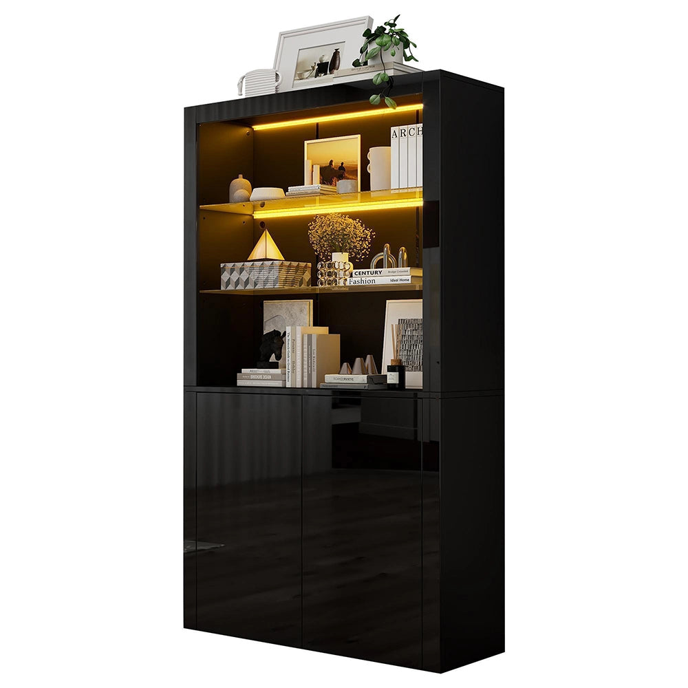 Credenza Vetrina 100x35x170cm - Xylo - Luci LED e Ripiani in Vetro, Colore Nero