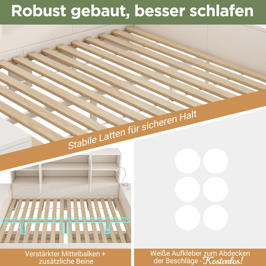Letto matrimoniale 140x200 cm con cassetti e vano contenitore; bianco; in MDF e compensato