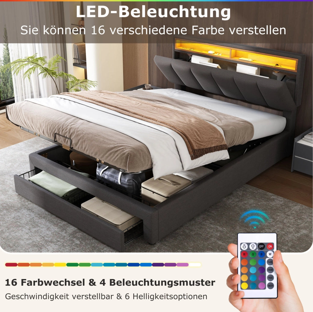 Letto imbottito 160x200 cm grigio scuro con LED