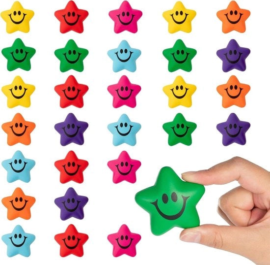 28 Stressball 5cm - Giocattolo per Ridurre lo Stress - Ballo Schiuma Sorriso - Forma Stella Stressball - Per Scuola Premio Studenti Borsa di Festa Ricariche