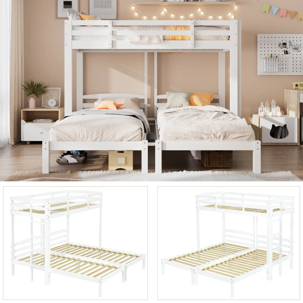 OKWISH Letto a Castello 90×200 cm, Letto 3 Posti con Scala Laterale e Sponda, senza Materasso, in Legno Massello, Bianco