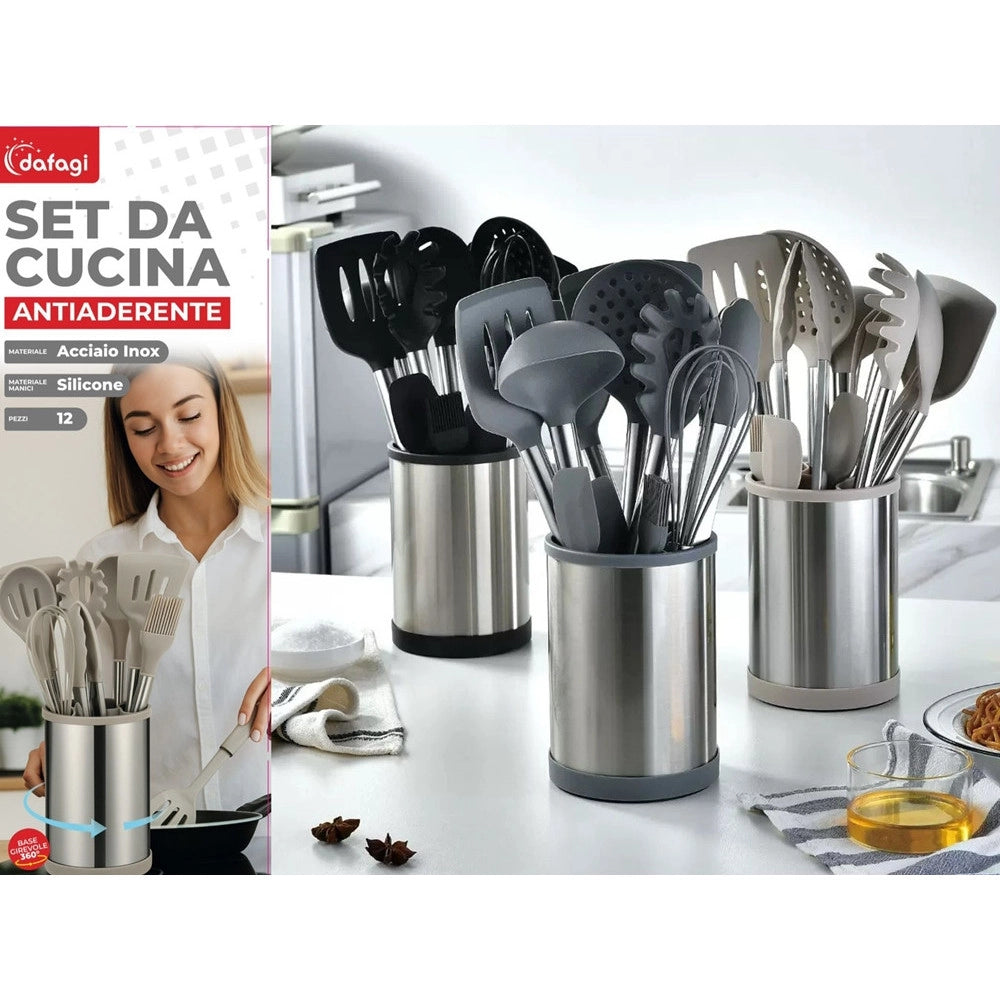 Trade Shop - Set 12pz Utensili Da Cucina Mestoli In Silicone Acciaio Antiaderente Portaposate Girevole -