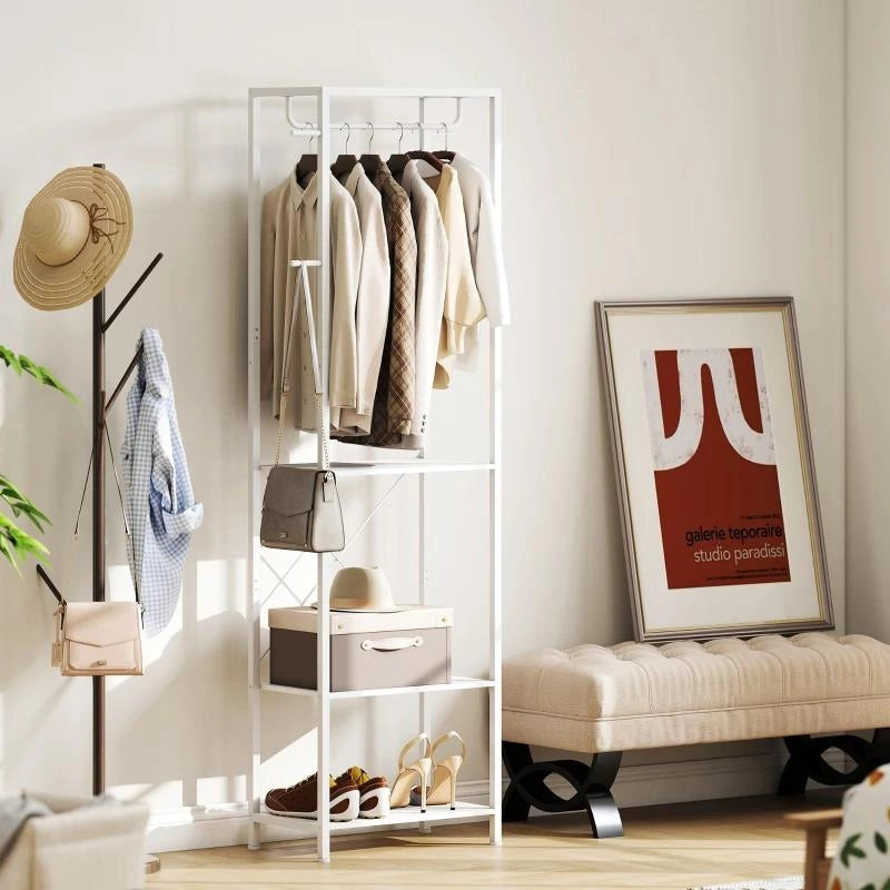 APPENDIABITI CON SCARPIERA A 2 LIVELLI, BARRA APPENDI ABITI, 4 GANCI, MENSOLA SUPERIORE, 52X30X180 CM, BIANCO