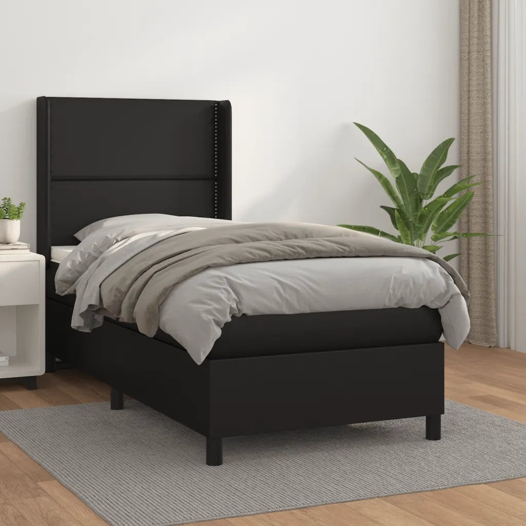 Letto singolo | Letto per adulti | Giroletto a Molle con Materasso Nero 90x190 cm in Similpelle