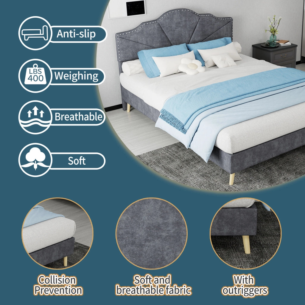 Letto matrimoniale 140x200 cm grigio con testiera geometrica e struttura a doghe