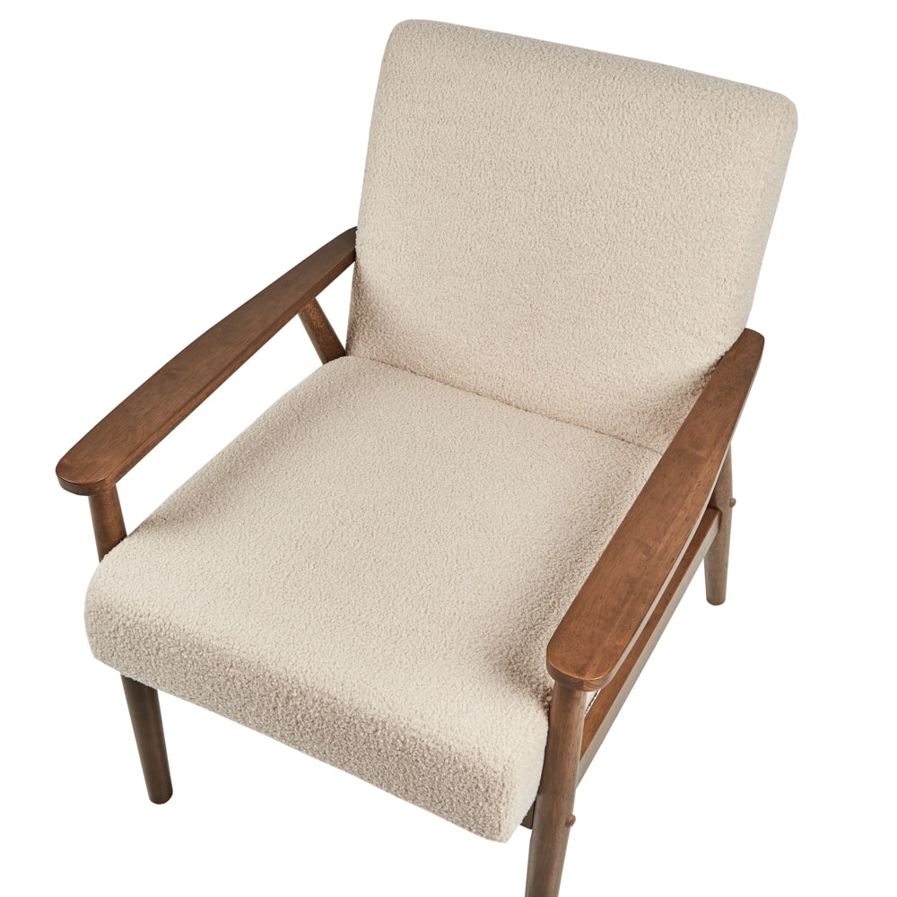 Poltrona da salotto con rivestimento in tessuto boucle beige con struttura in legno stile retrò