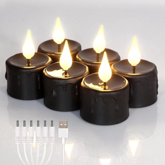 Set di candele LED con timer 6 ore - 6 candele LED nere con luce a led fissa calda - candele elettriche ricaricabili - cavo USB - senza telecomando - decorazione per Halloween e Natale - diametro 4 cm