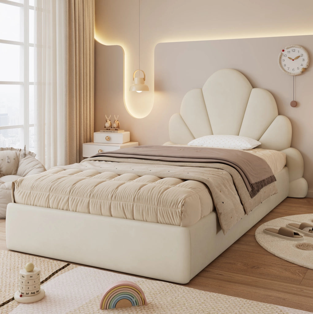 Letto singolo imbottito beige 90x200 cm con testiera floreale
