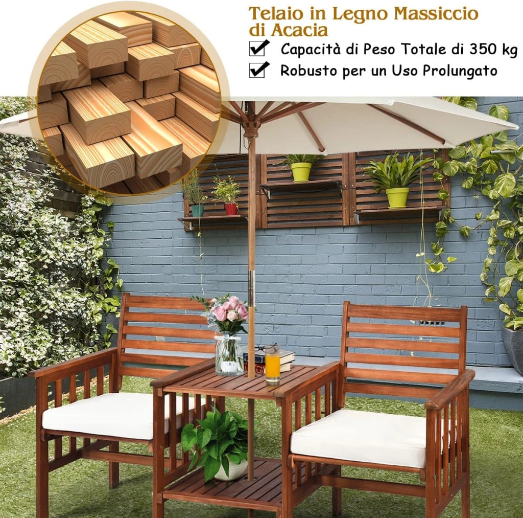 Set Tavolo e Sedia da Giardino con Foro per Ombrello, Set di Mobili a 2 Posti da Esterno in Legno con Cuscini, per Giardino, Cortile e Bordo della Piscina