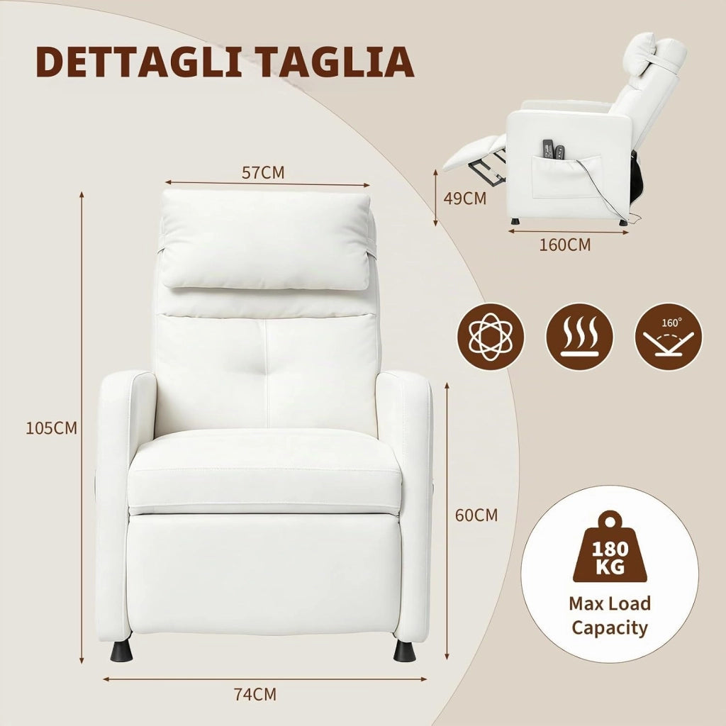 Poltrona Reclinabile Elettrica; Sedia Massaggiante 90°-165°; Poltrone Relax Elettriche con Riscaldamento; 4 Punti Massaggio; 2 Memorie Di Posizione; Poggiapiedi; Tasche Laterali;Portata 180kg; Bianco