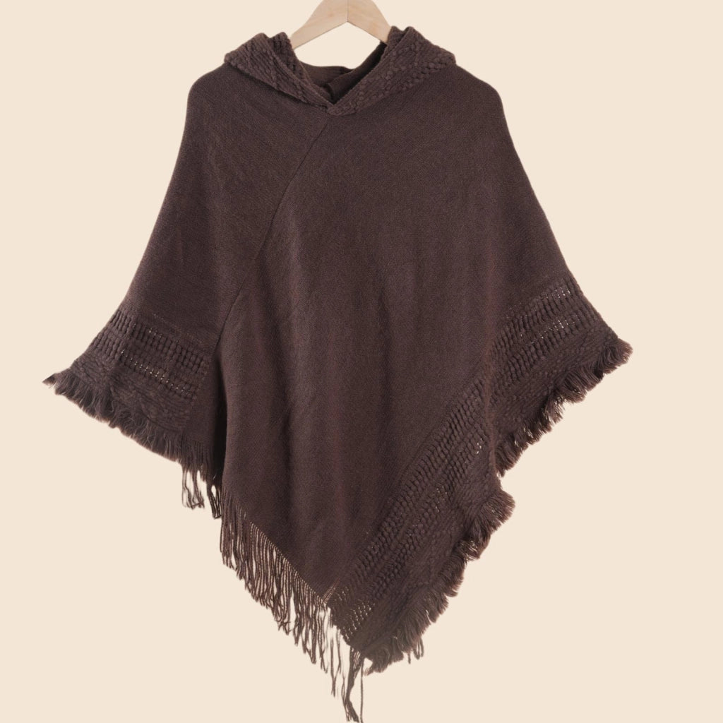 Mantella/scialle da donna con cappuccio in maglia, maglione a maglia larga, tinta unita, con nappe, mantella calda e versatile.