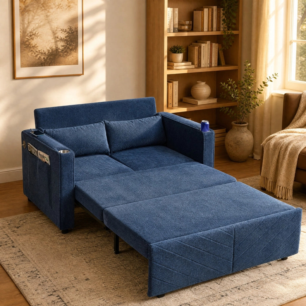 Divano letto 2 posti convertibile con funzione relax e porte USB; in tessuto; blu navy