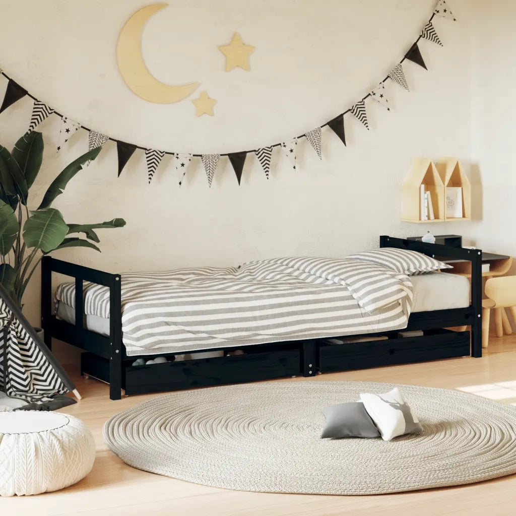 Giroletto Bambini | Letto Infantile | Lettino con Cassetti Nero 80x200cm Massello di Pino