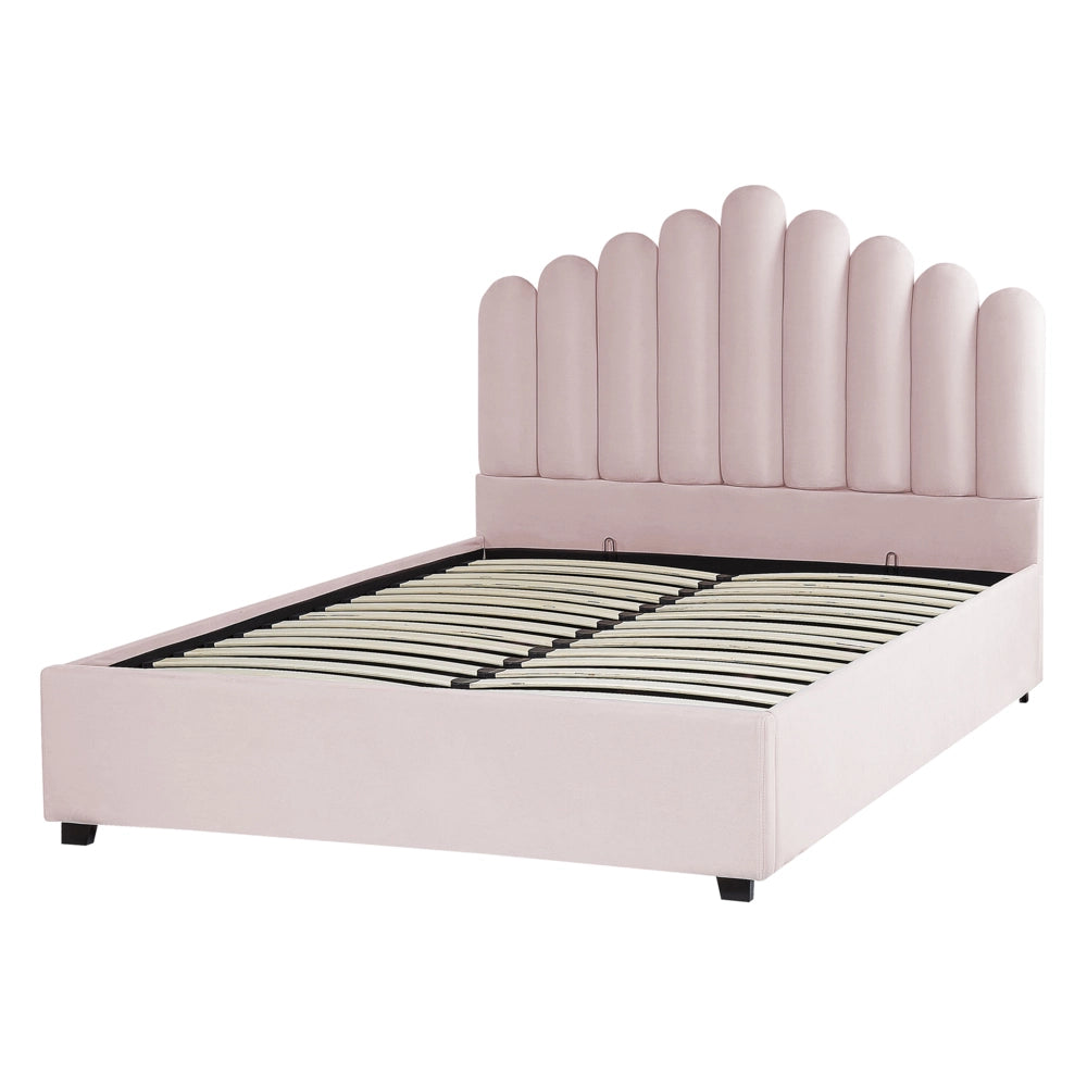 Letto contenitore matrimoniale rete a doghe velluto rosa 140 x 200 testiera a conchiglia