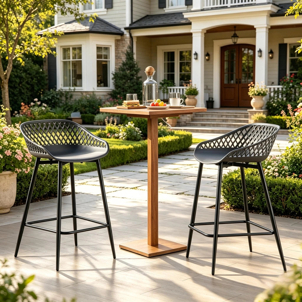 Sgabello da bar set da 2 con schienale traforato e poggiapiedi in pp e metallo grigio per cucina e giardino