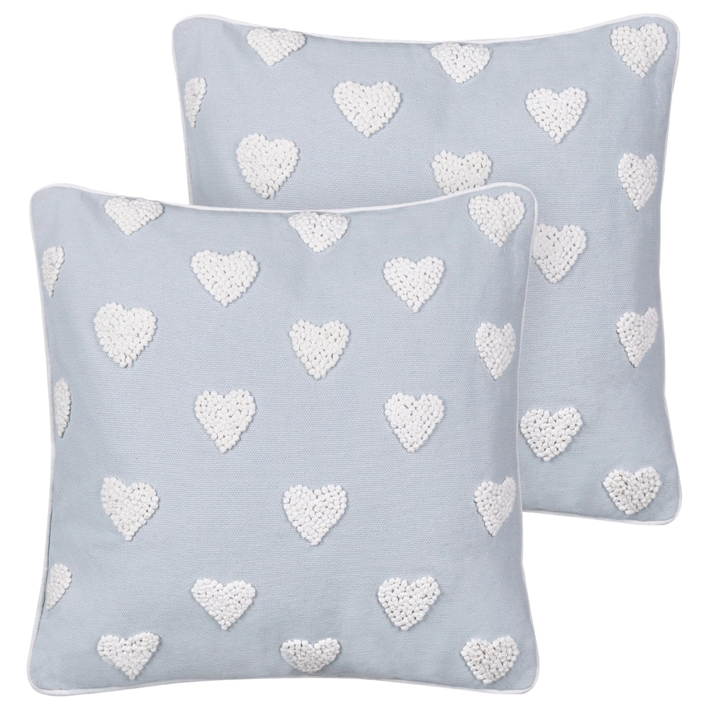 Set di 2 cuscini in cotone ricamati con motivo a cuoricini grigio 45 x 45 cm morbida imbottitura