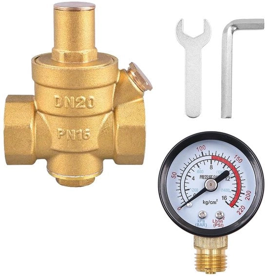 Regolatore di pressione ad acqua DN20 3/4 pollici - Ottenuto in ottone - Regolatore di pressione regolabile - Manometro - Valvola di scarico - Resistente fino a 1,6 MPa