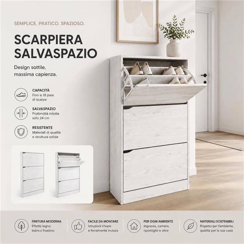SCARPIERE A 3 ANTE CON PANNELLO RETROSTANTE IN MDF COLORE BIANCO LEGNO MISURA 63X24X115 CM LINEA HARMON