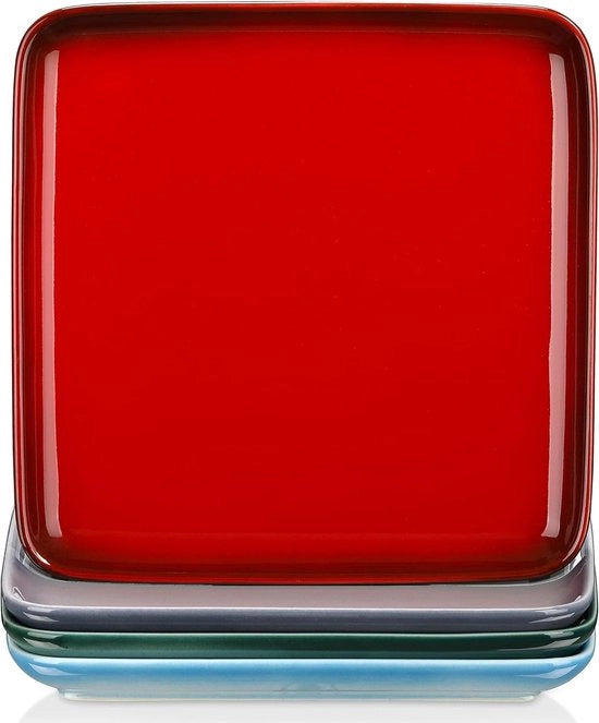 Set da tavola, impianto di 4 piatti quadrati in ceramica, piatti, piatti da colazione, impianto per 4 persone, 25,5 x 25,5 x 2,5 cm (h x h), colore vivace