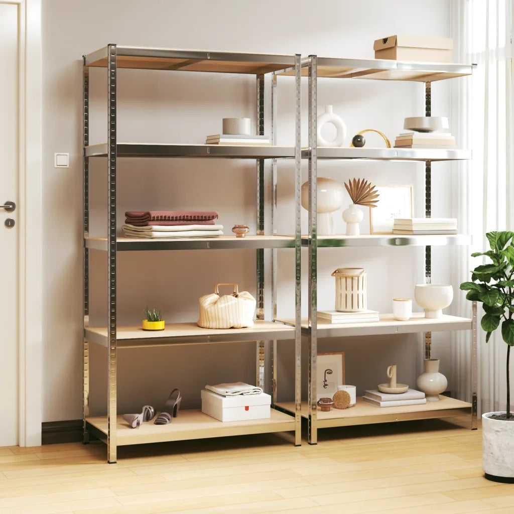 Scaffali Resistenti 5 Strati 2 pz Argento Acciaio e Multistrato 3154203
