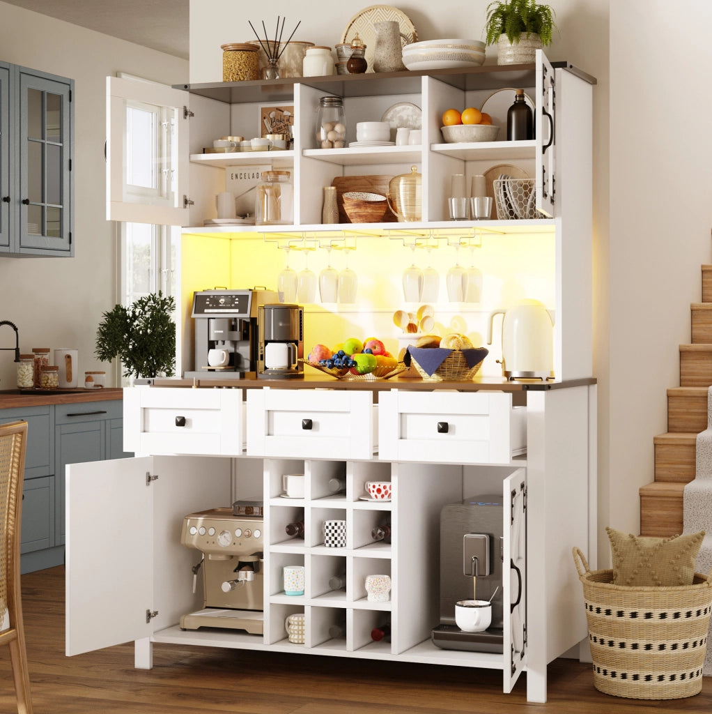 Armadio da cucina 120x40x170 cm con illuminazione LED e prese USB in MDF e vetro bianco