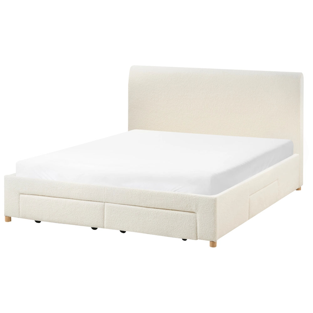 Letto con cassetti in bouclé 160 x 200 cm con rete a doghe design moderno scandinavo bianco crema