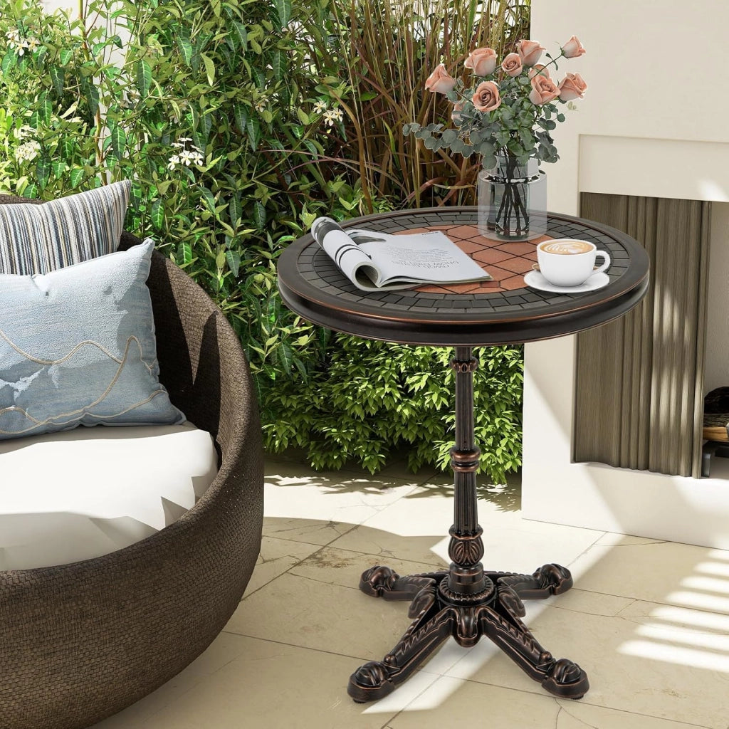 Tavolino per Patio, Tavolo Laterale da Interno Esterno in Alluminio Fuso con Piano Dipinto e Base a Croce, Tavolo da Caffè Moderno, Tavolino Decorativo per Soggiorno Giardino Cortile