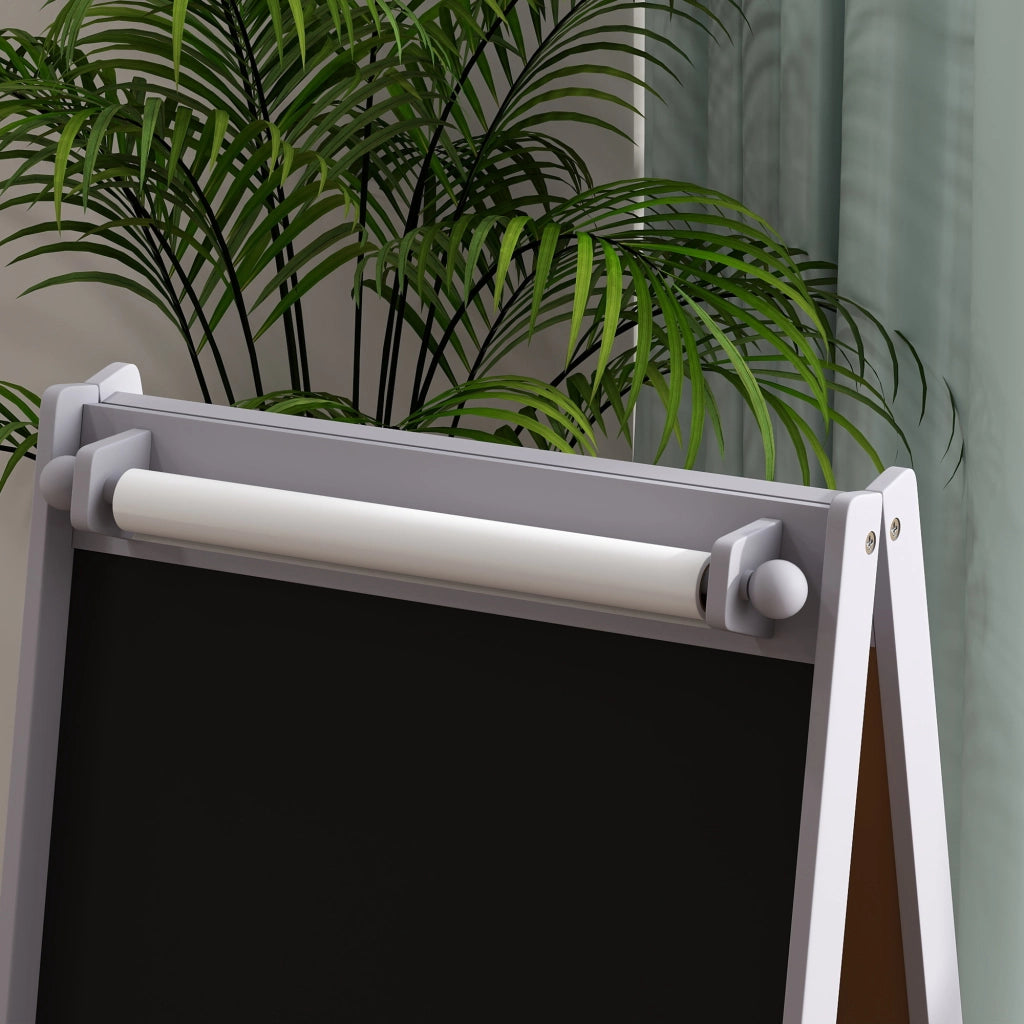 Lavagna per Bambini 54x46,5x93 cm con Cavalletto 3 in 1 e 2 Contenitori in MDF e Legno Grigio