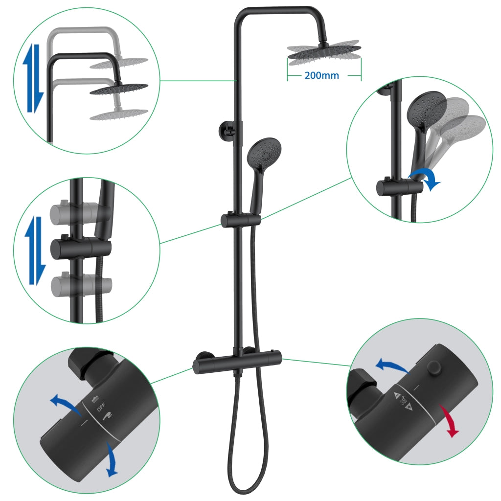 AICA ITALY Sistema Doccia con Miscelatore Termostatico a 38℃ e Doccetta Rotonda Altezza Regolabile 72-120cm Nero