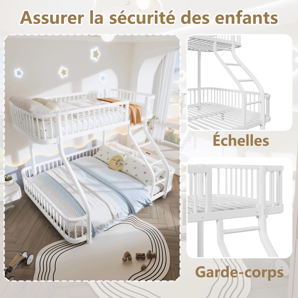 Letto a castello per bambini 90x200 + 140x200 cm; in metallo con barriere di sicurezza e scala; letto familiare; bianco