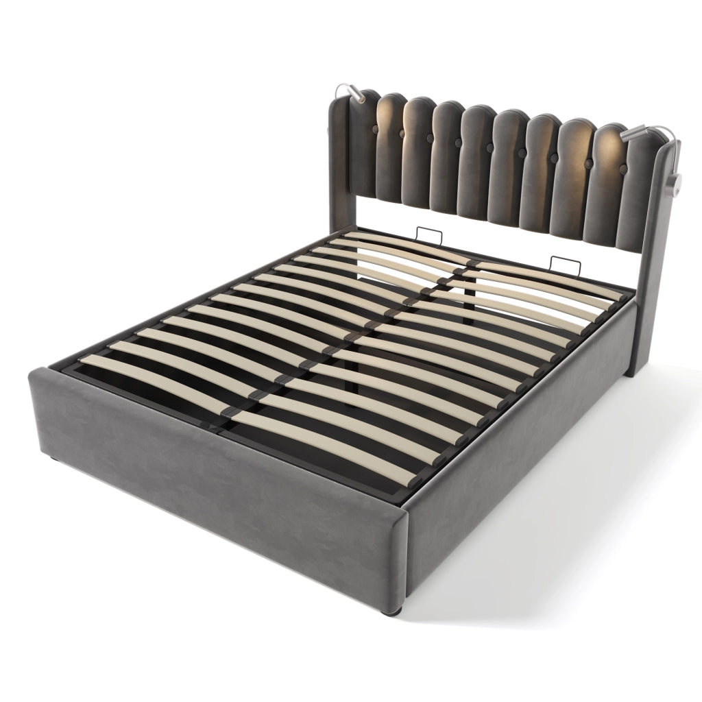 OKWISH Letto Contenitore 140 × 200 cm, Letto Matrimoniale con USB, Luce da Lettura e Vano, con Materasso