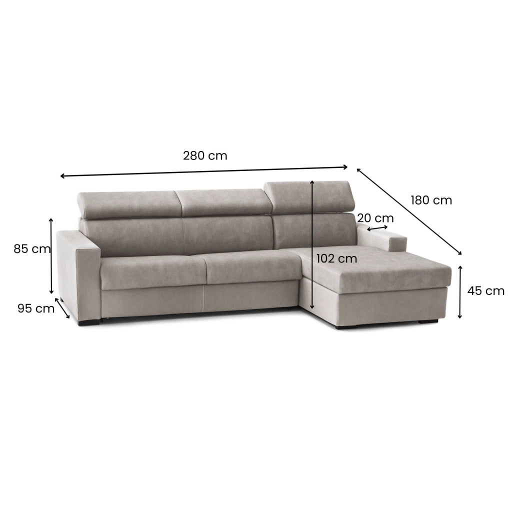 Divano Letto Allevatore, Divano ad angolo, Made in Italy, SofÒ  con apertura girevole, con Penisola contenitore Destra, con Braccioli standard, cm 280x95h85, Tortora