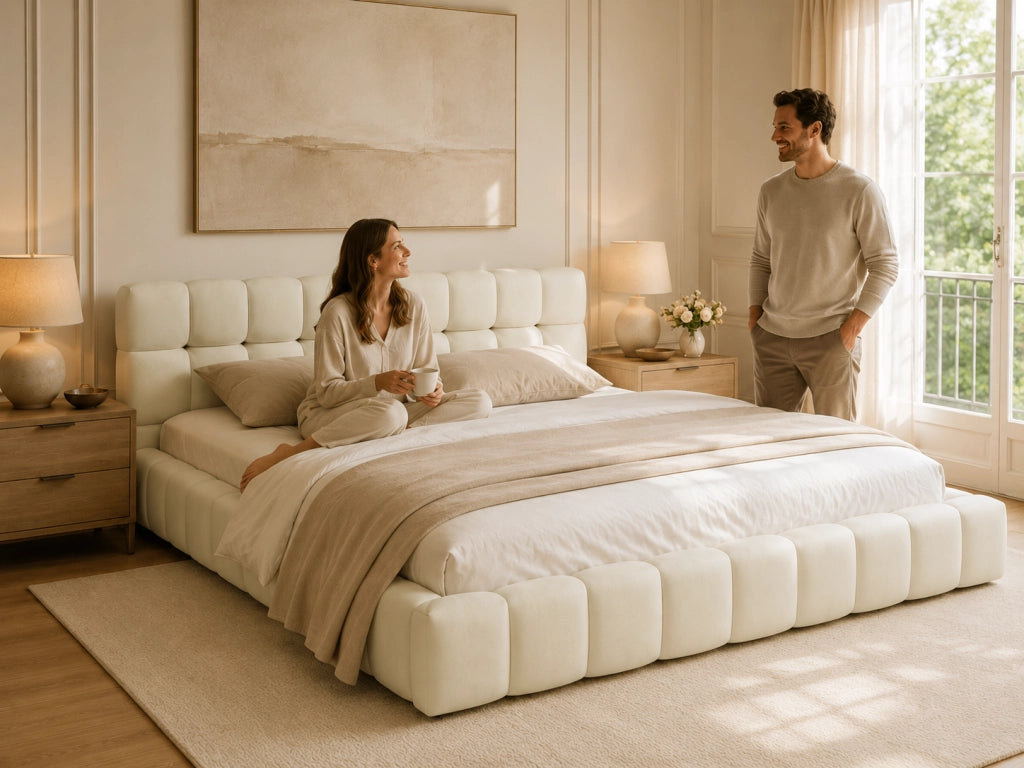 Letto matrimoniale imbottito lino beige 160x200 cm, testiera morbida a pannelli, struttura robusta, design moderno per camera da letto