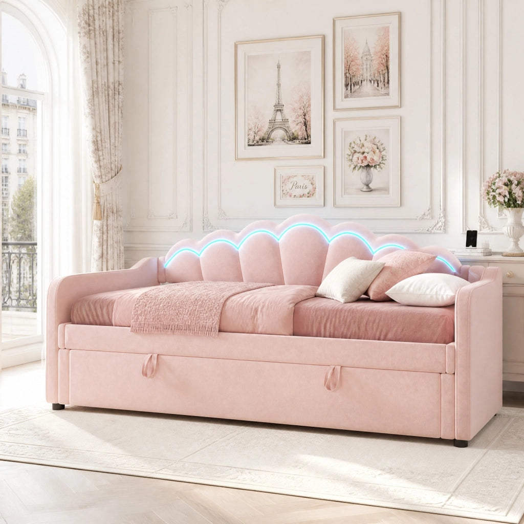 Divano letto ULEVR 90x200 cm in velluto rosa con contenitore idraulico, LED multicolore e telecomando