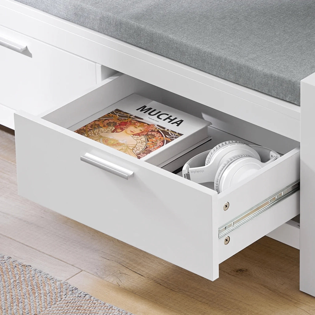 Cassapanca Bianca Contenitore Panca camere da Letto Seduta con Cuscino 2 cassetti con Guide Bianco L100*P40*A40cm FSR74-W