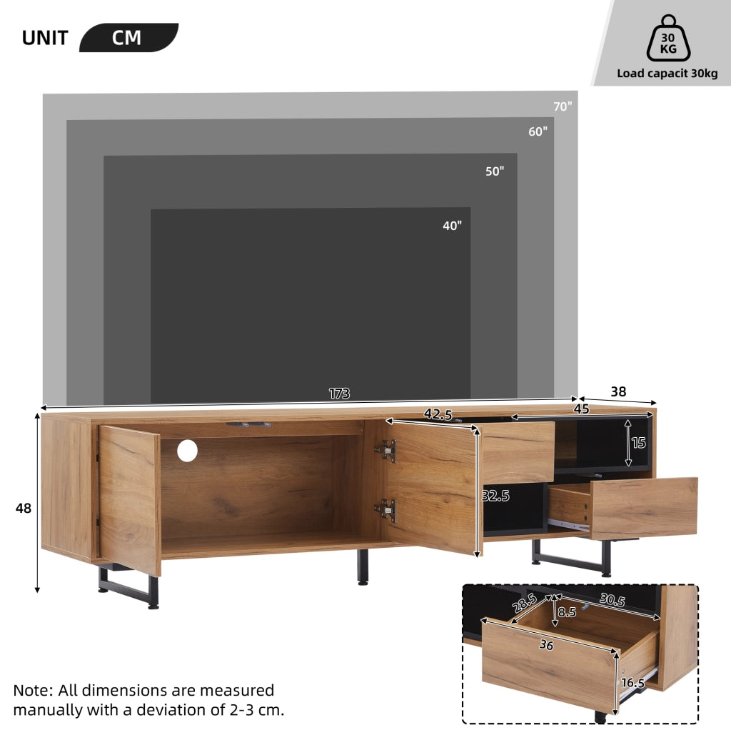 Mobile TV in truciolare effetto legno 173x38x48 cm; con vani aperti; ante e cassetti