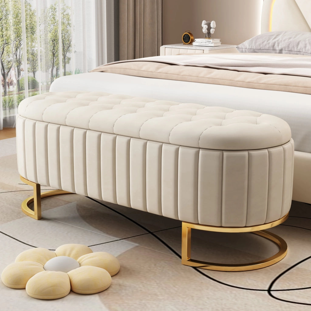 Panca Contenitore con Seduta Imbottita; Poggiapiedi per Soggiorno o Ingresso; in Velluto Beige; 120 x 39.9 cm