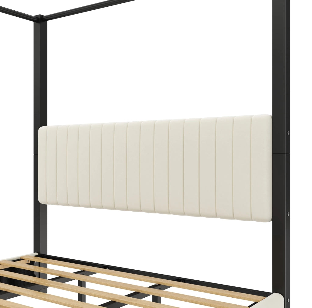 Letto a baldacchino 180x200 cm con testiera in velluto MDF e metallo beige e nero