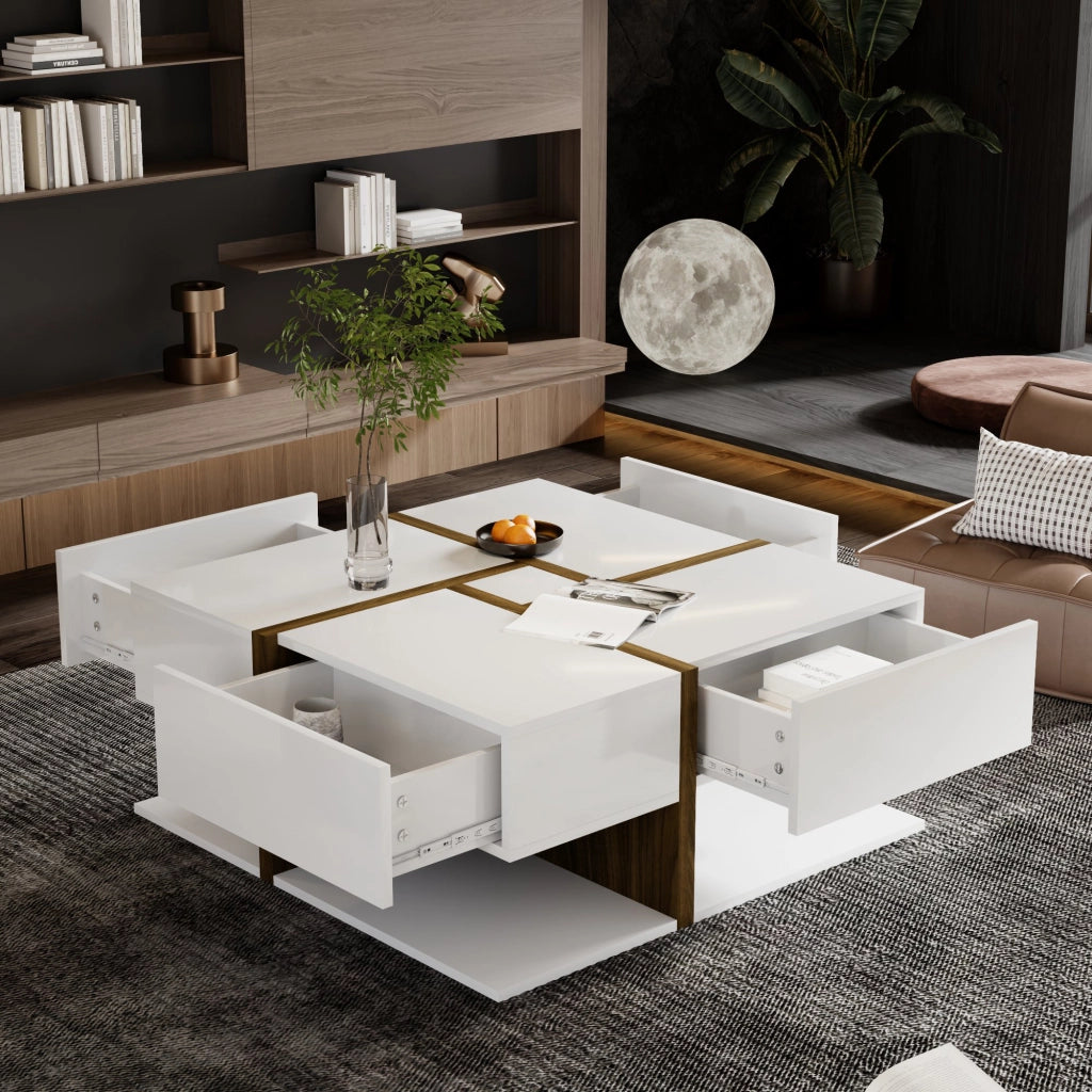 Tavolino da Caffè Quadrato con 4 Cassetti e Ripiano; Motivo a Linee; Finitura Lucida; in Pannello Truciolare; Bianco; 78×78×34;8 cm