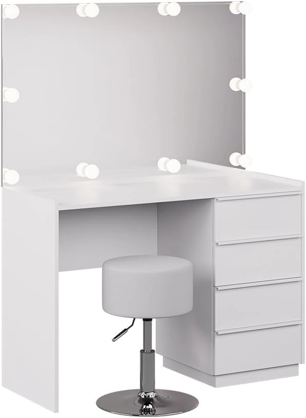 Tavolo da toeletta Viktoria, Bianco, 110 cm con specchio, sgabello e illuminazione a LED, porta un tocco moderno all’ambiente