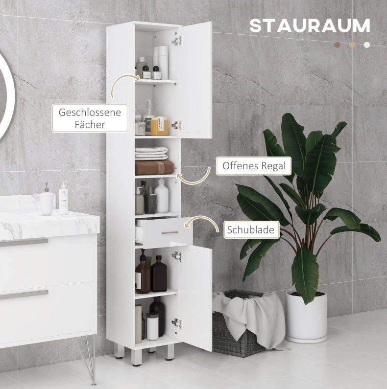 Colonna bagno salvaspazio con anta, cassetto e ripiani bianchi