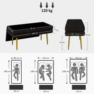 Panca imbottita con vano contenitore, effetto velluto, struttura in acciaio, 100 x 37,5 x 42 cm, nero