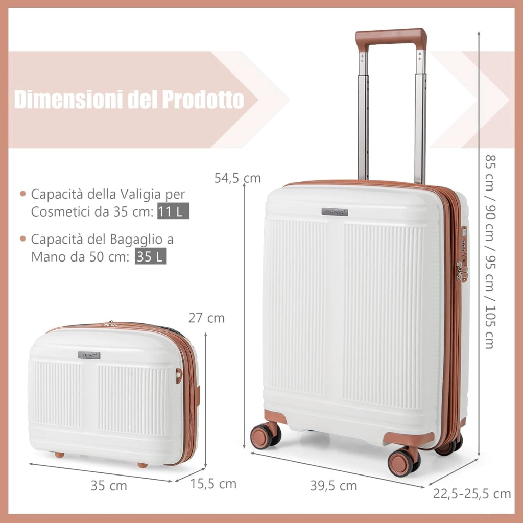 Set di Bagagli da 2 Pezzi, Valigia Trolley da 20" e Casetta da Trucco da 14" in Materiale PP Rigido Leggero con Lucchetto TSA, Porta USB e Ruote Girevoli, Bagaglio a Mano Espandibile (Bianco)