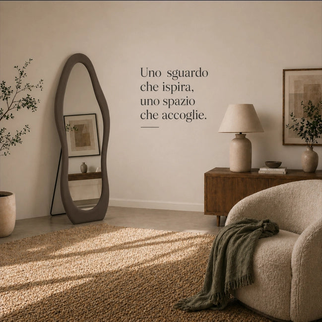 SPECCHIO ONDA IN VELLUTO MARRONE CON PIEDE E GANCI PER APPENDERE MISURE: 60X160 CM