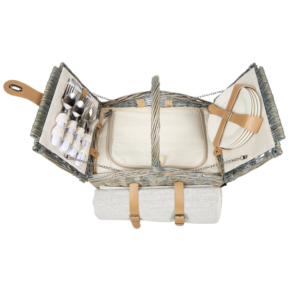 Cesto da picnic per 4 persone in vimini naturale e grigio con set di posate, piatti, bicchieri da vino e borsa termica con cavatappi Coperta inclusa Finitura