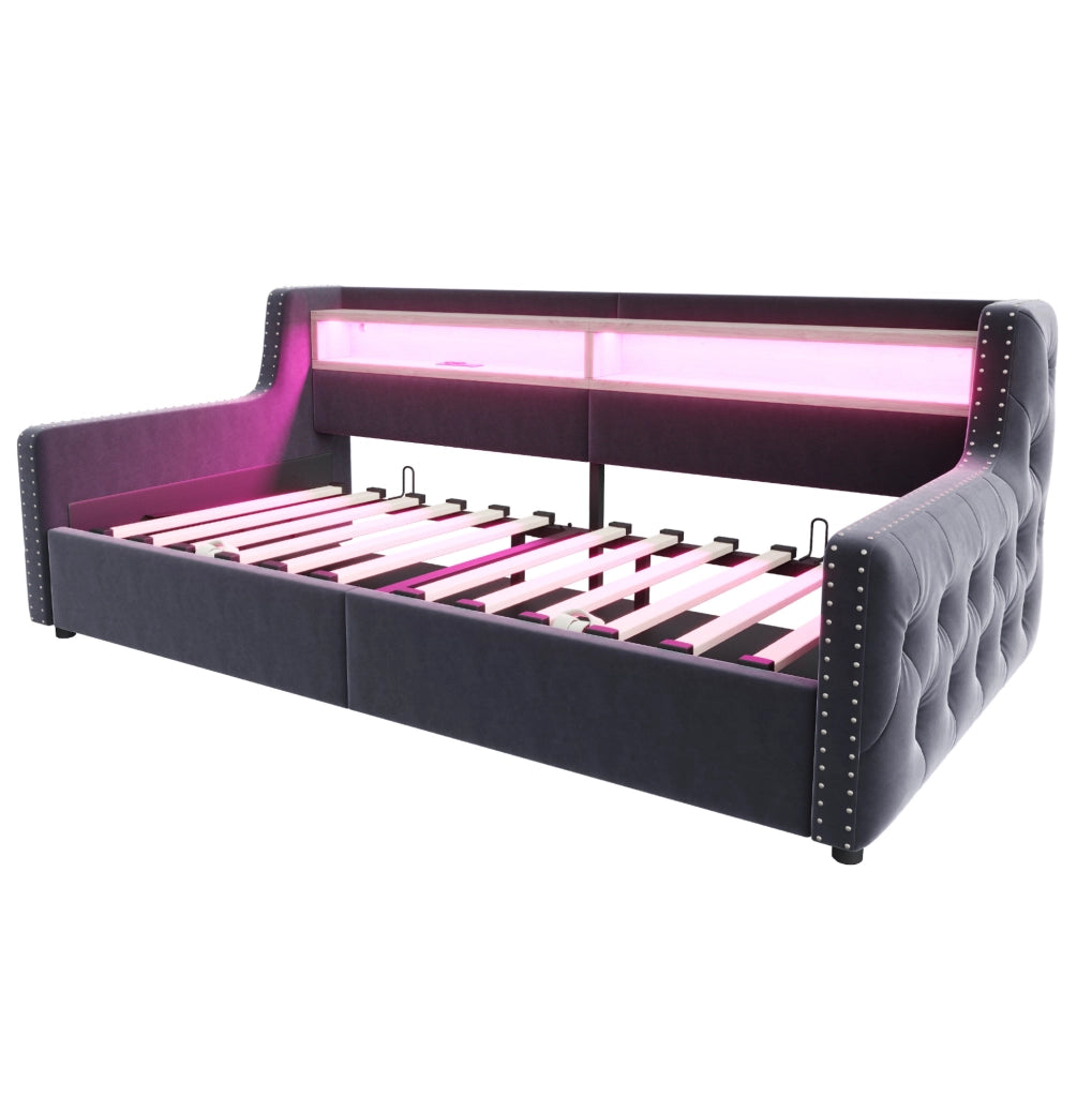 Divano letto 90x200 cm con contenitore, LED, USB e USB-C in velluto grigio